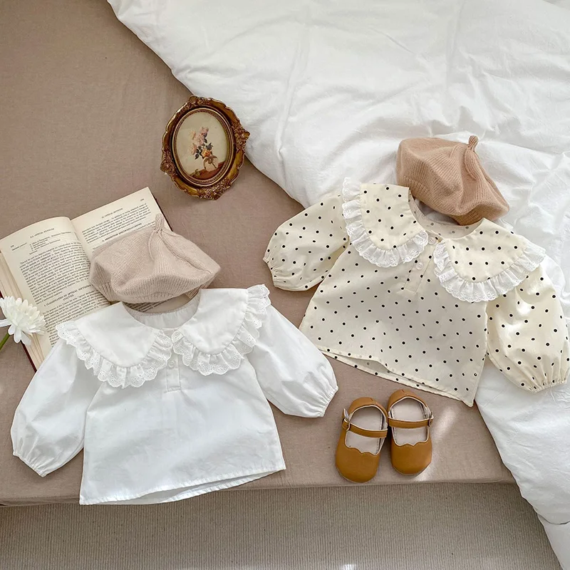 New Spring Korean Style Infant Baby Girl T-shirt Long Sleeved Cotton Dots Printing Shirt Newborn Baby Girls Pullover Tops
