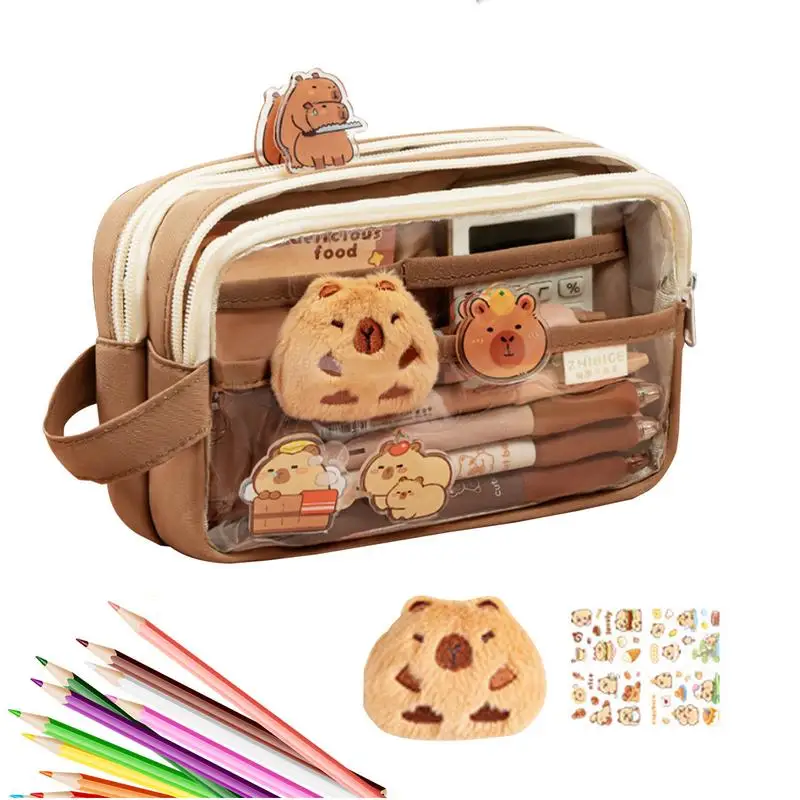 Clear Pencil Pouch With Cute Capybara Plush And Stickers Doll Pencil Pouch Office Stationary Makeup Bag Stationery Bag pencil cases
