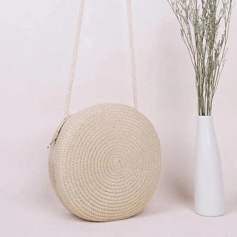 Minimalist Round Straw Crossbody Purse - Women's Shoulder Handbag