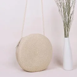 Minimalist Round Straw Crossbody Purse - Women's Shoulder Handbag (Beige)