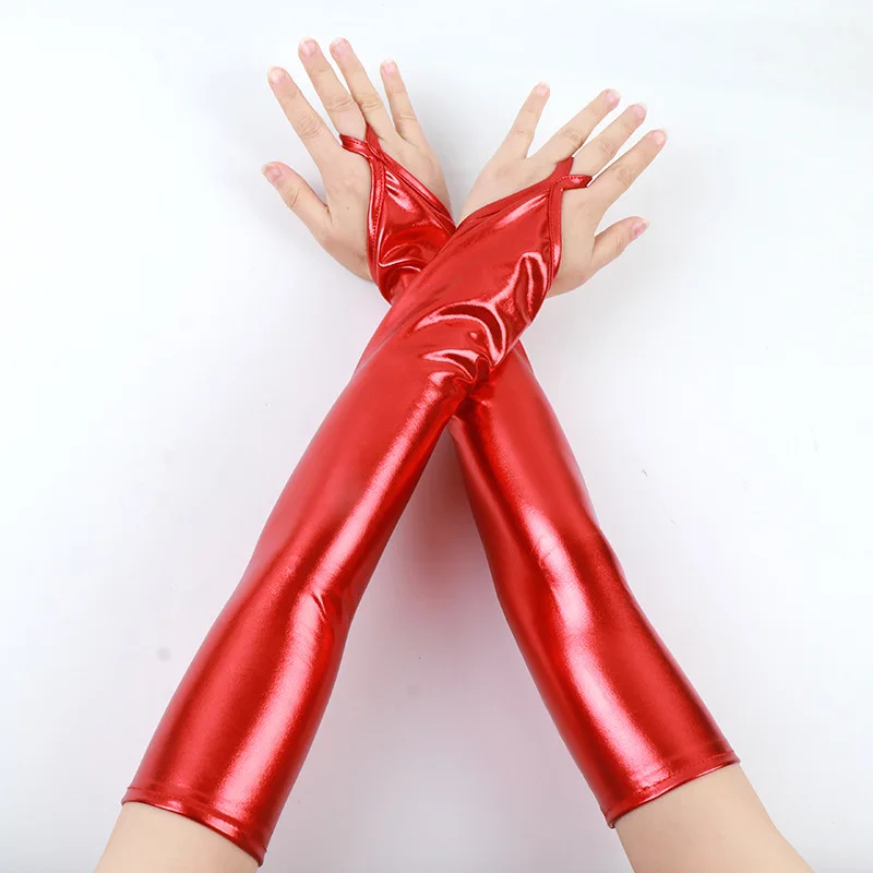 48cm Womens Lacquer Leather Hook Finger Long Gloves Cosplay Nightclub Pole Dance Performance Sexy Fingerless Mittens Accessory