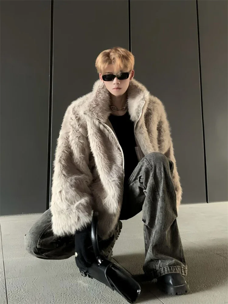 

Korean Fashion Imitation Fox Fur Coat Fall and Winter Warm Thickened Black Imitation Fur Coat Trend Streetwear New Men Clothing