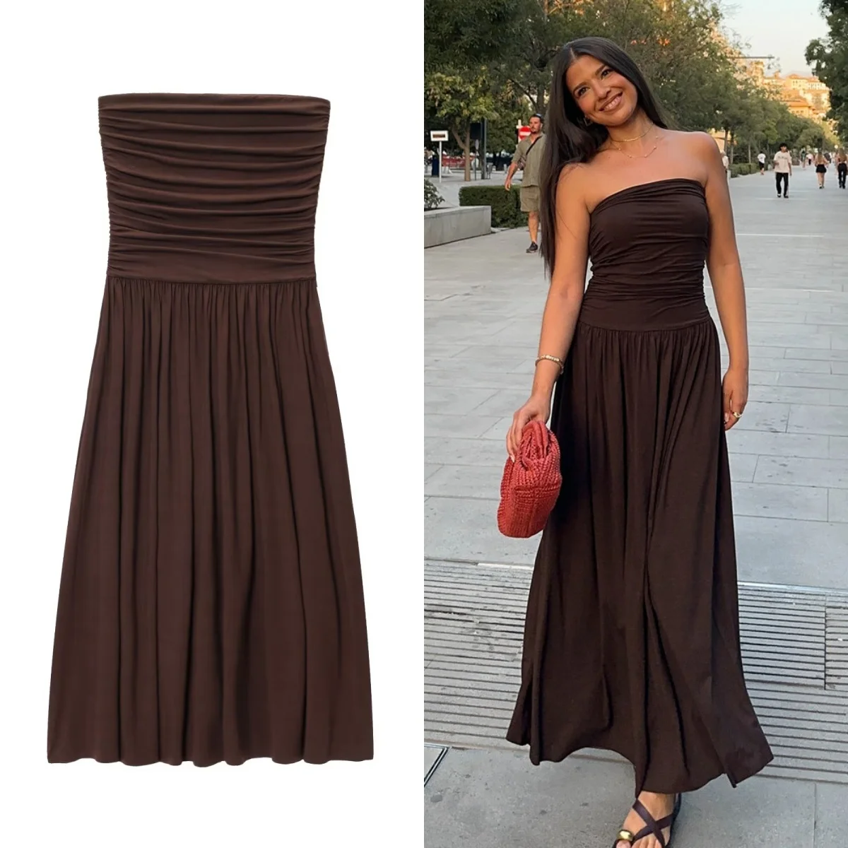 Women's Brown Strapless Pleated Maxi Dress