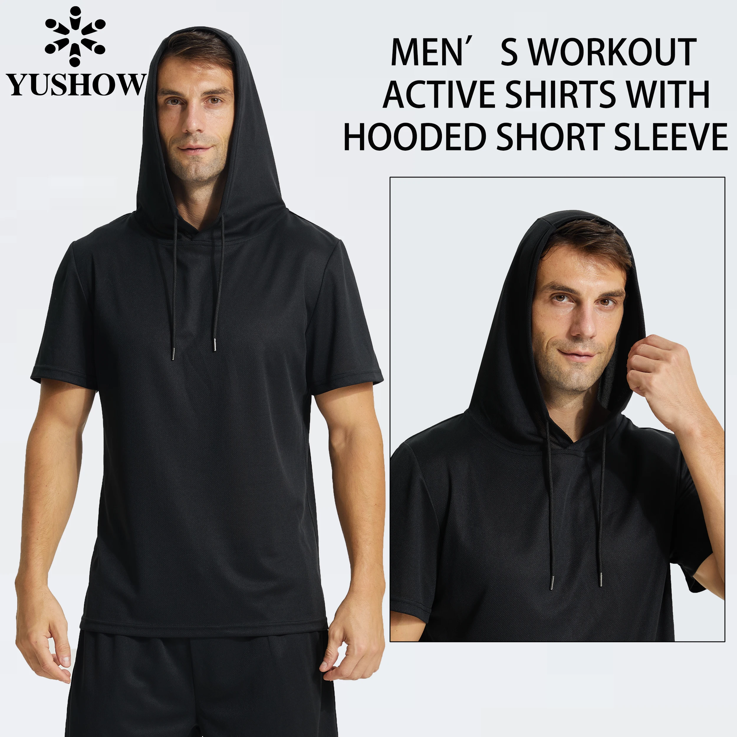 Mens Workout Hooded Shirts Short Sleeve Muscle Fit Gym Running