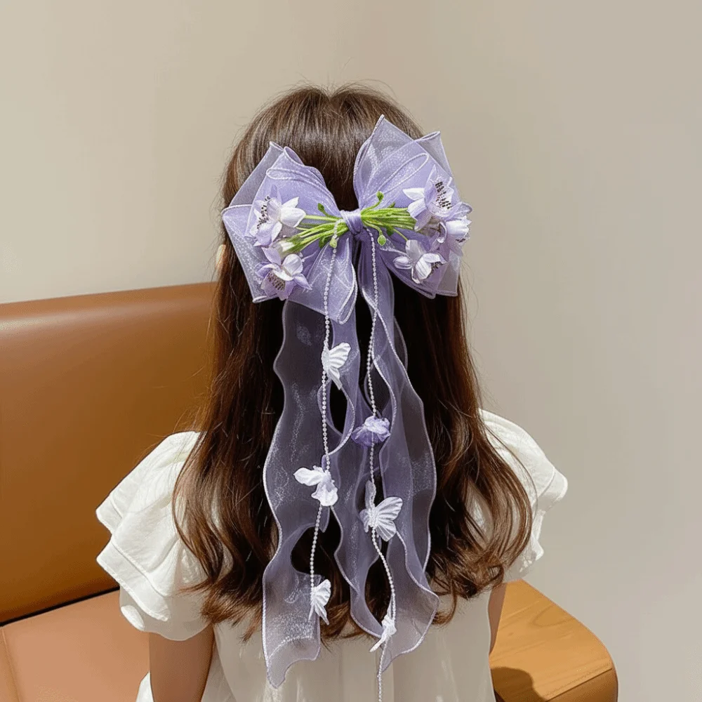 오버사이즈 점보 오간자 리본 비즈 장식 메쉬 소재 소녀용 꽃무늬 헤어핀 이중 레이어 수제 꽃 장식
