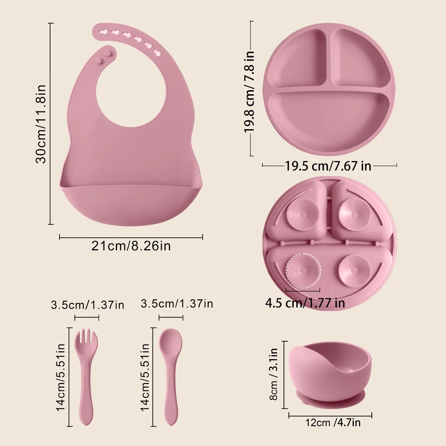 5PCS Baby Silicone Tableware Set Color Contrast Bib Suction Bowl Non-slip Plate Soft Spoon Fork Feeding Training Baby Dinner Set 6
