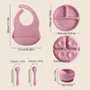 5PCS Baby Silicone Tableware Set Color Contrast Bib Suction Bowl Non-slip Plate Soft Spoon Fork Feeding Training Baby Dinner Set 6