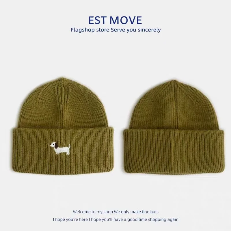 Cartoon Puppy Embroidered Knitted Beanie for Baby Infant Toddler, Warm Solid Color Pullover Winter Cap for Boys Girls