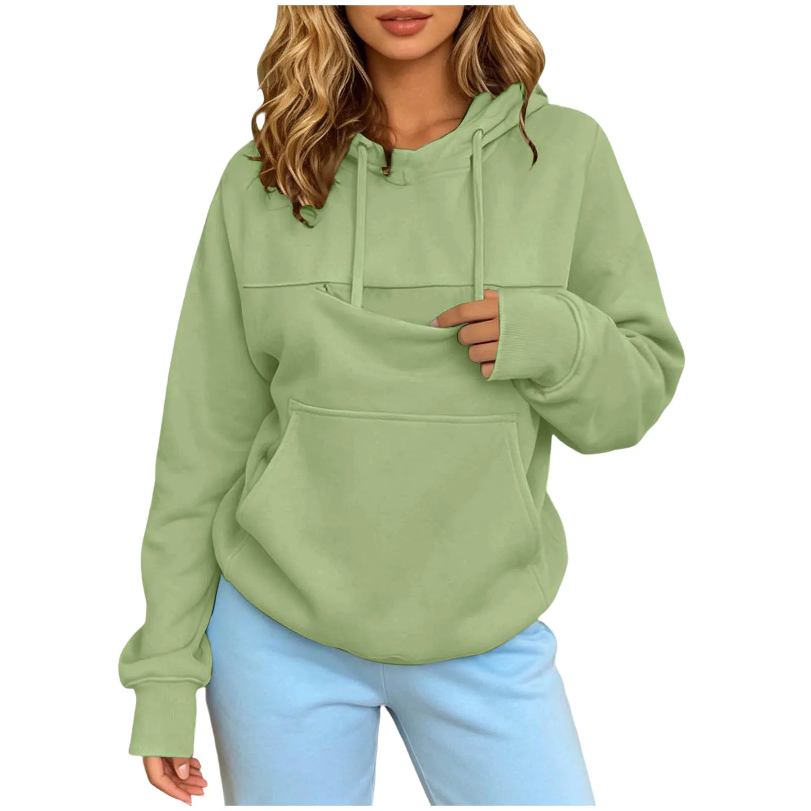 Women Pet Carrier Hoodie With Pet Pocket Drawstring Long Sleeve Cat Dog Holding Pullover Solid Loose Casual Pet Lover Sweatshirt