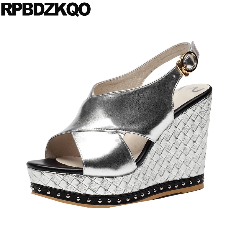 

Women Shoes Wedges Braided Metallic Sandals High Heels Platform Woven Ultra Pumps Stud Slingback Rivet Studded Fish Toe Cow Skin