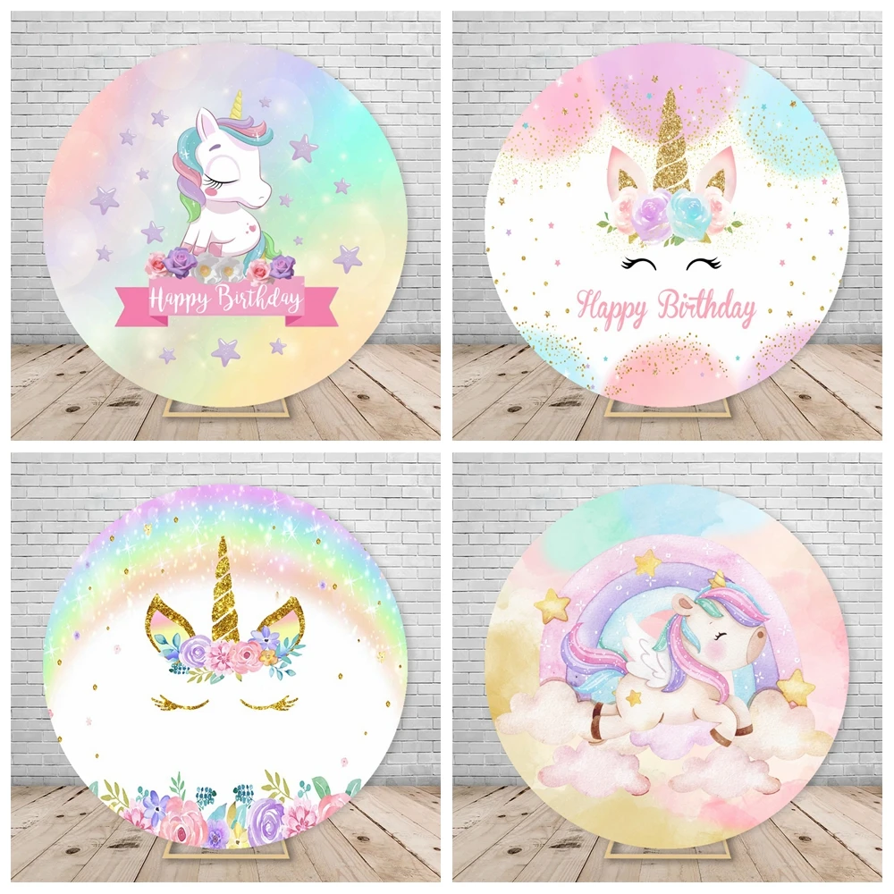 

Baby Shower Rainbow Unicorn Theme Party Round Backdrops For Photography Girls Birthday Circle Backgrounds Photo Studio Props
