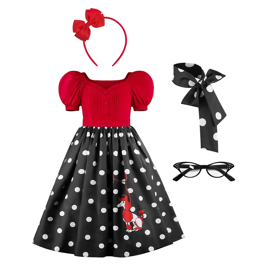 Vintage 1950er Pudelkleid für Mädchen, Sommerliches Polka-Dot-Prinzessinnenkleid mit Schals, Brille und Stirnband, Kinder-Geburtstagskleid – Detail 22