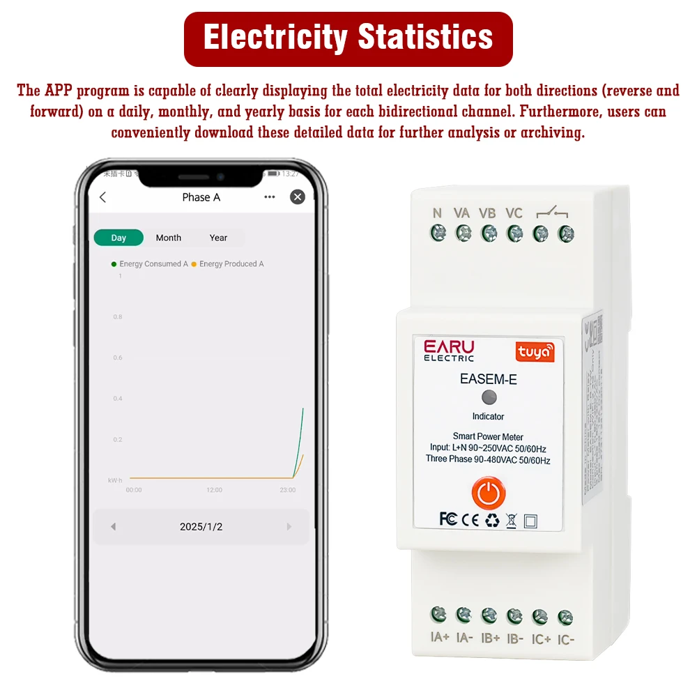 TUYA WiFi Smart Three Phase AC90-480V Bi-Directional Measurement Power Energy kW