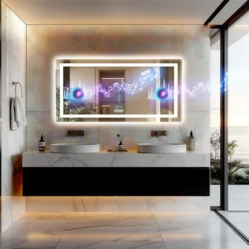 LUVODI Specchio da bagno Bluetooth grande illuminato Specchio da bagno rettangolare antiappannamento a LED con altoparlante Bluetooth 3 colori 1