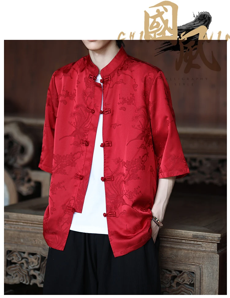 Hohe Qualität Sommer Chinesischen Traditionellen Kleid Phoenix Jacquard Hemd Männer Kleidung Eis Seide Halbe Hülse Vintage Hanfu Tops – Detail 6