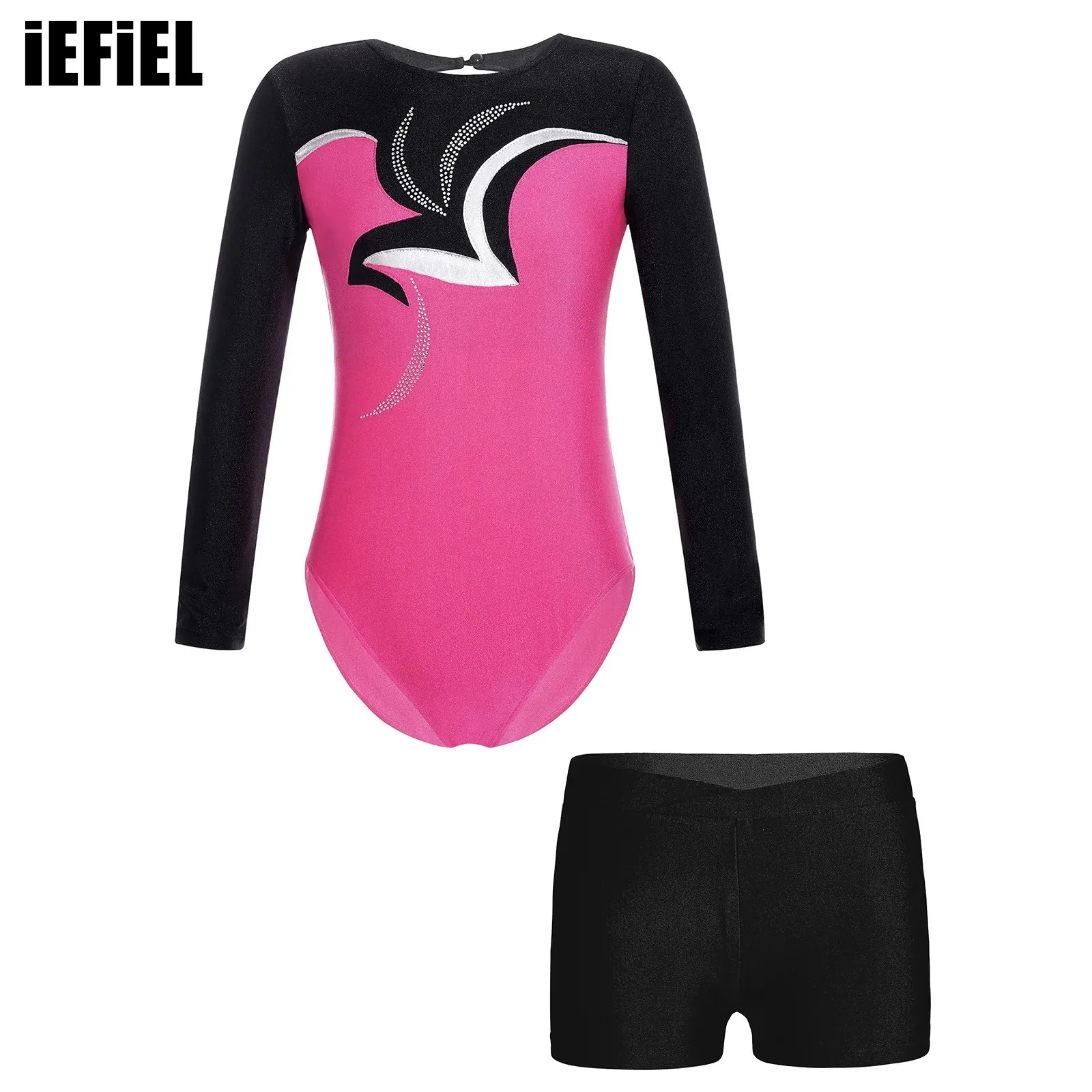 

Kids Girls Gymnastics Dance Set Figure Skating Shiny Color Block Keyhole Back Long Sleeve Bodysuit with Waistband Shorts