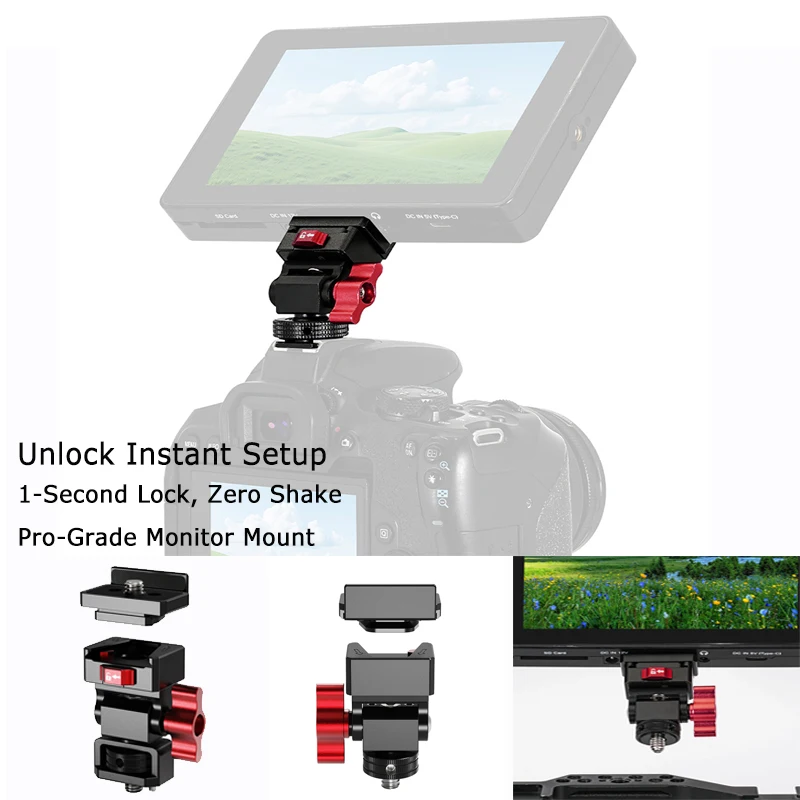 Quick Release Monitor Mount 180&deg; Tilt 360&deg; Swivel 1/4" ARRI Cold Shoe for GoPro Insta360 Feelworld DSLR Camera Cage Tripod Head