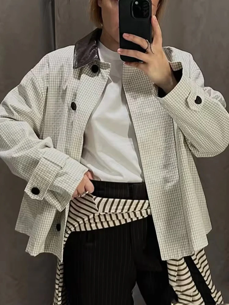 Women Leather collar Jacket 2025 New Autumn Fashion Grid Print Long Sleeve Zipper Loose Coat Chic Female High Street Outerwear ﻿