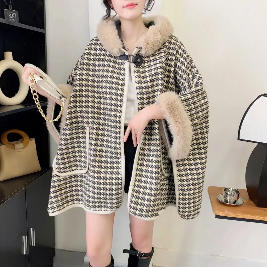 5 Colors Fashion Women Loose Cloak Houndstooth Designer Long Streetwear Faux Rabbit Fur Hat Horn Button Poncho Coat With Pocket