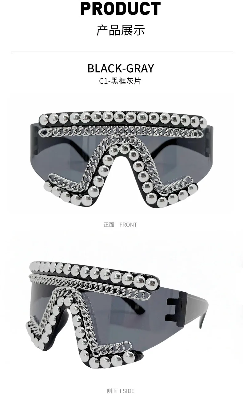 Einteilige Sonnenbrille im Punk-Stil mit großem Rahmen und Metallkette für Damen und Herren, Treny übertriebene, einzigartige Sonnenbrille für Party – Detail 9