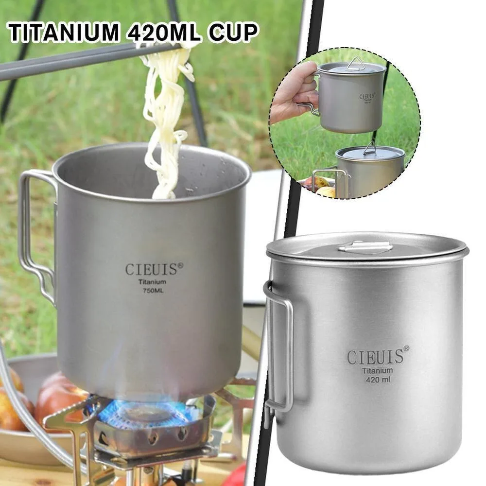 Portable Cups Portable Folding Cups Titanium Cup Titanium Tableware 420ML Pure Titanium Titanium Cup Portable with Foldable Handle with Lid Drinking Cup Boil Water Ultralight Camping Mug Outdoor