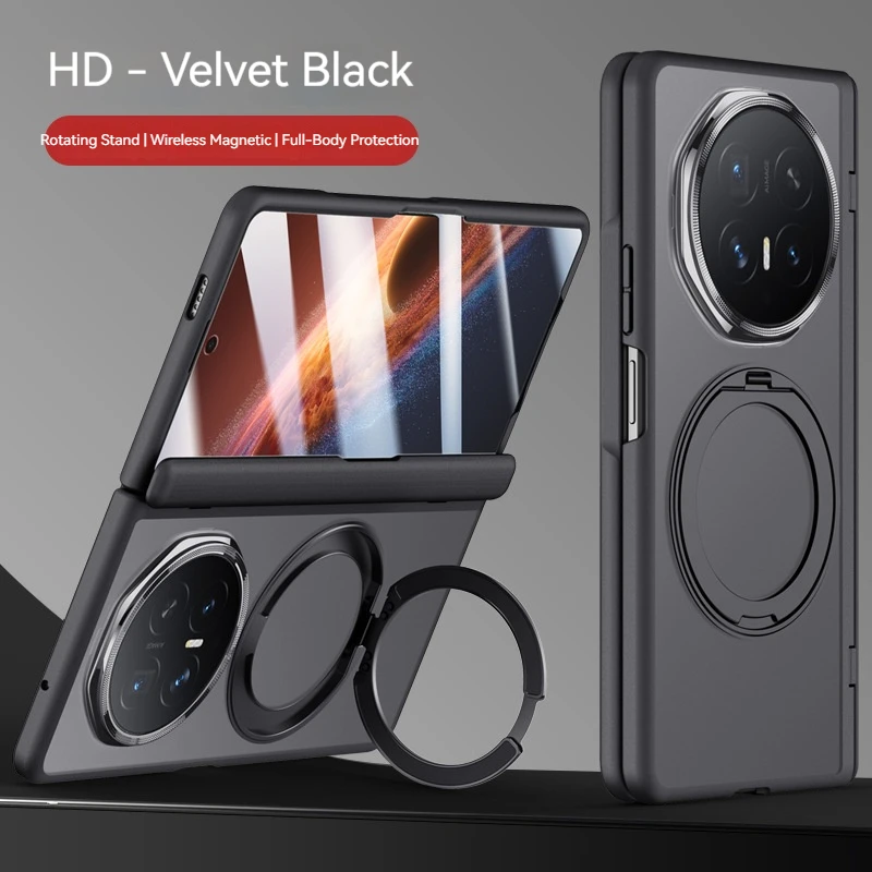 Frosted Transparent Magnetic Phone Case with Metal Rotating Bracket and Tempered Glass Protection