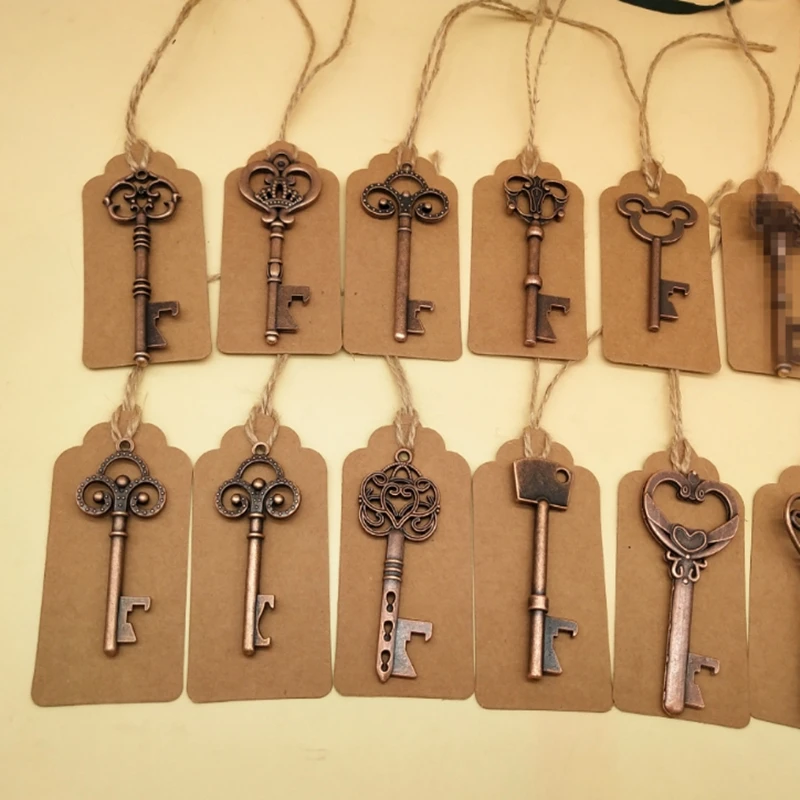 

50pcs Antique Bronze Metal Skeleton Key Shape Bottle Opener With tag Rustic Wedding Souvenir Decor Gift Party Favor Supplies
