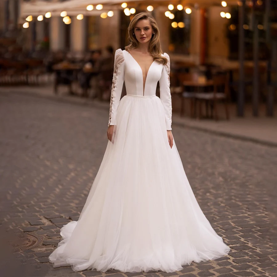 

Simple Satin Deep V-Neck Long Sleeve With Lace A-line Tull Skirt Wedding Dresses Back See Through And ButtonsEvening Gowns