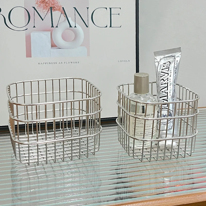 New Simple Stainless Steel Storage Basket Desktop Decoration Miscellaneous Storage Basket Cosmetics Sorting Basket Storage Box