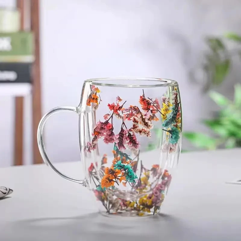 Set Di 2 Tazze In Vetro Borosilicato A Doppia Parete Con Fiore Immortale - Rosa E Bianco, Manico, Isolanti Per Bevande Calde E Fredde, Regalo Ideale