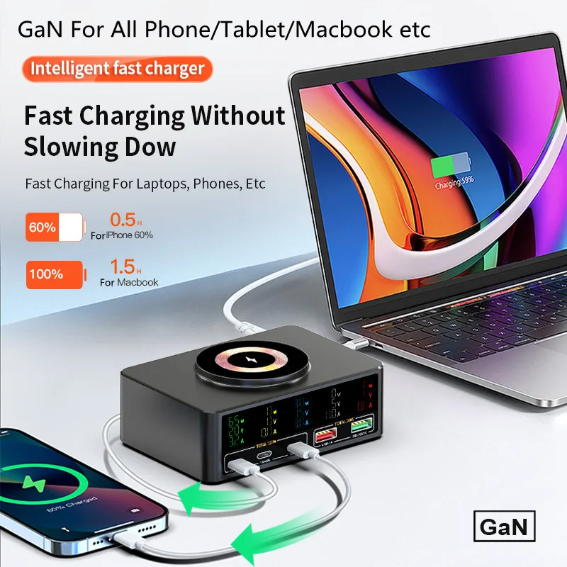 1080W USB C GaN Charger PD3.0 PPS QC3.0 Fast Charging Station Magnetic Wireless Charge For Laptop iPhone Samsung Macbook Tablet