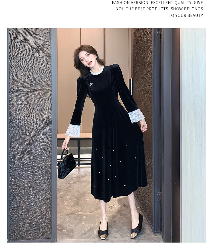 Mujer Primavera Verano Nuevo Elegante Terciopelo Patchwork Midi A Line Vestidos Manga Larga Dama Fiesta Moda Una Pieza Bata