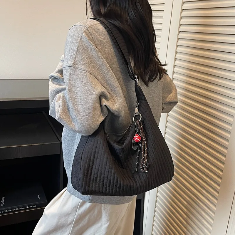 Casual Stitched Tote Bag Large Capacity Quilted Shoulder Bag Solid Color Casual Sling Bag Travel Date Shopping Handbag