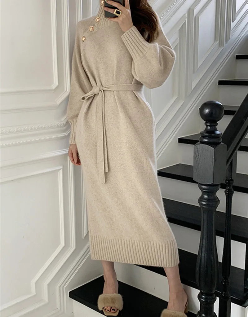 

Vintage Turtleneck Buttons Women Dress 2023 Autumn Winter Ladies Full Sleeve Lace-up Female Sweater Dress