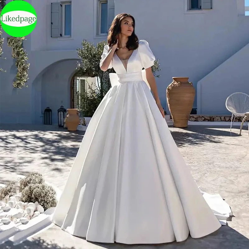

Simple Satin Puff Sleeve Wedding Dresses For Women2024 V-Neck Vestidos De Novia With Pockets Bow A-Line Bridal Gown Sweep Train