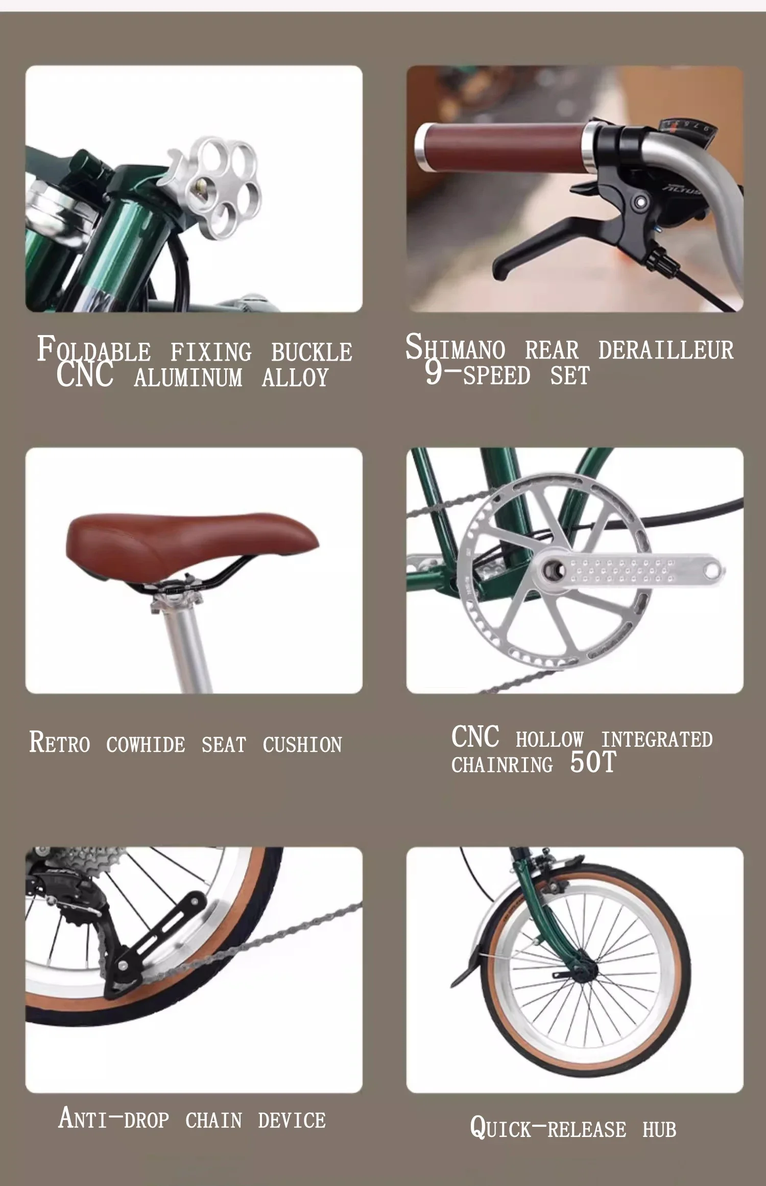 Description Picture 3 of itemRetro Folding Bicycle 16 Inches External 9 Speed Double C Brake Portable CRMO Three Fold Frame 53Tankset 349 Wheels Bike