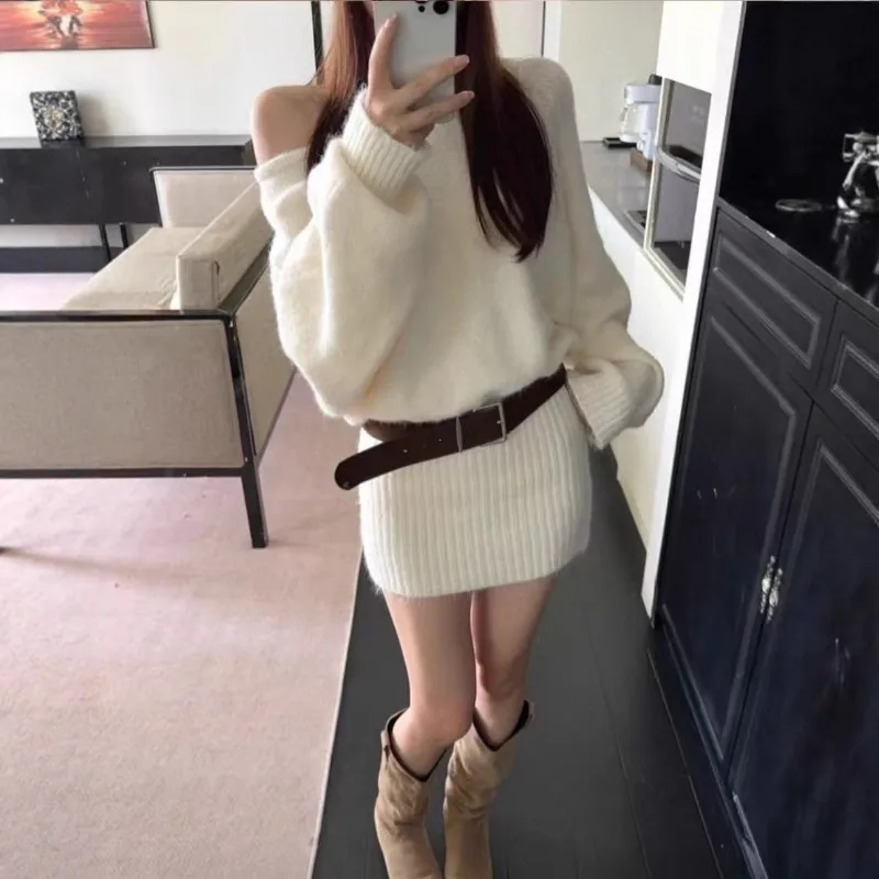 Women Knit Pullover Sweater Bat Sleeve Sexy Long Knitwears Hip Skirt Sweater with Sashes Vintage Autumn Winter Knitted Jumpers