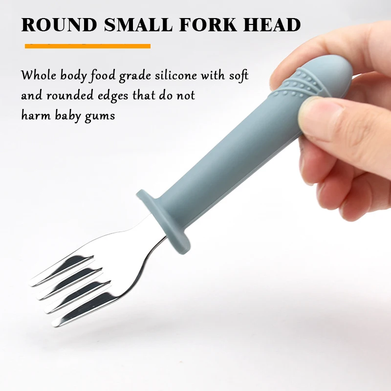 Stainless Steel Fork Spoon Baby Training Dining Accessories Tableware Food grade Silicone Long Handle Set