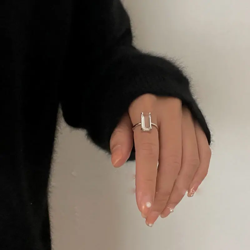 Silver Ring Inspired design transparent rectangular opening adjustable ring for French luxury ladies banquet engagement