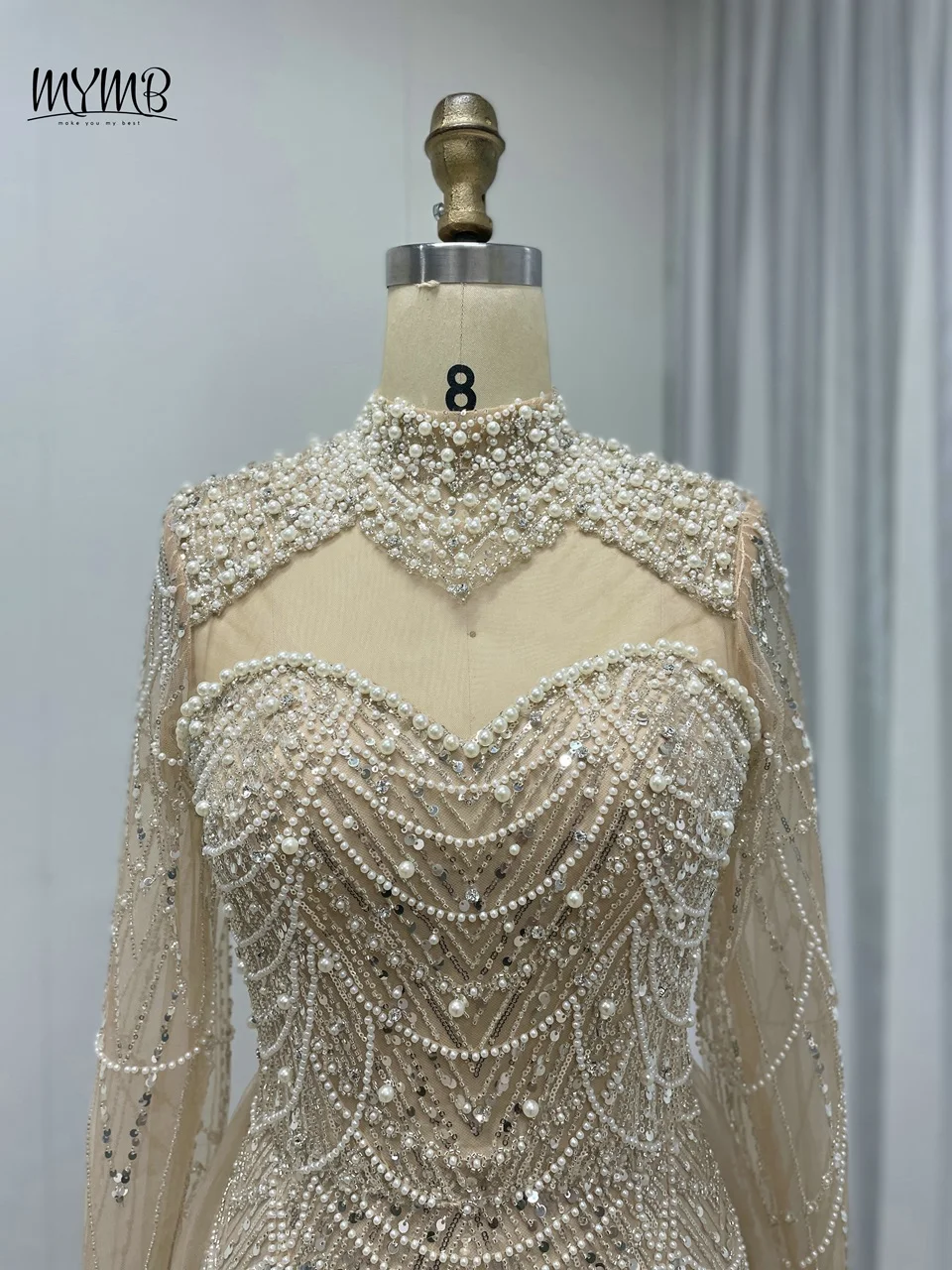 Mymb exklusive Perlen lange Ärmel muslimische elegante Abend party Kleider Dubai High Neck Hochzeit Gast kleid mit abnehmbaren Zug – Detail 8