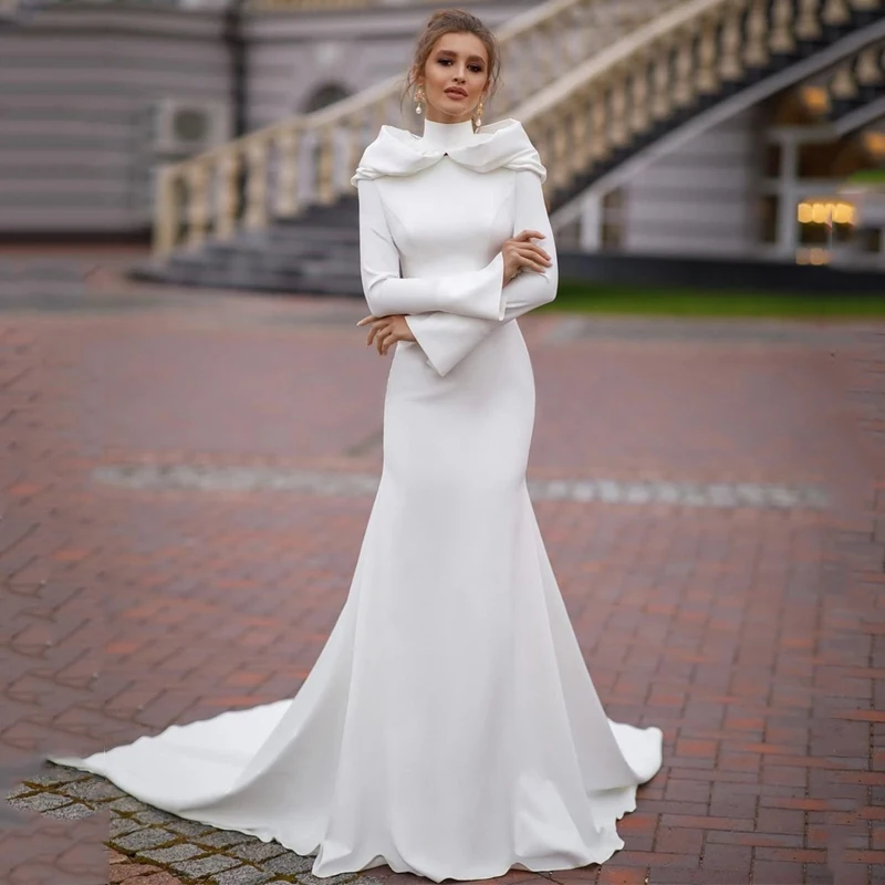 

Привлекательные Свадебные платья Eight Tree 2022, атласное платье невесты с длинным рукавом и юбкой-годе, белое вечернее платье принцессы с высоким вырезом, свадебное платье