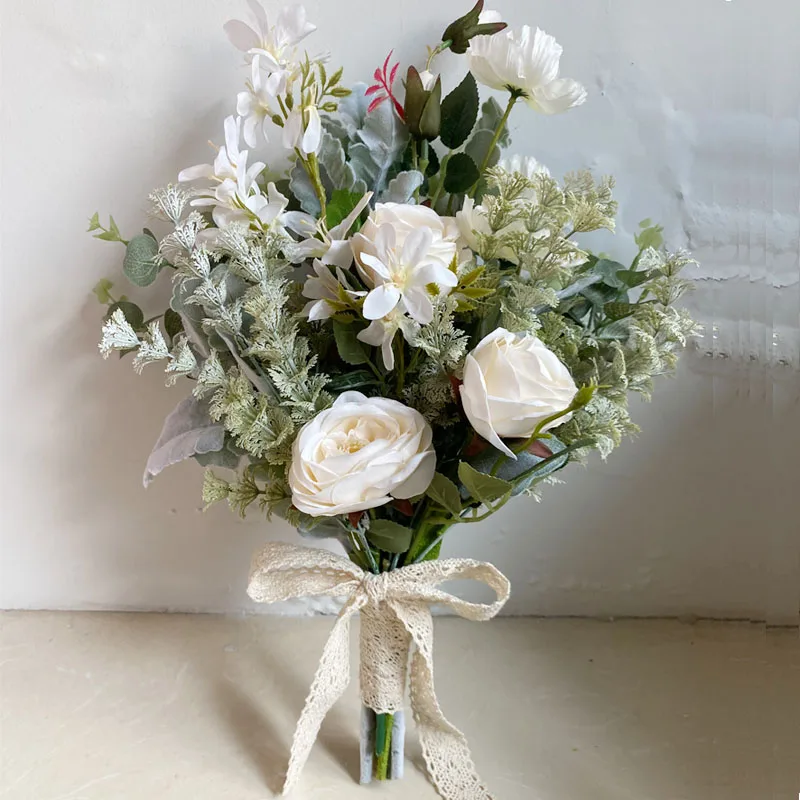 Whitney WW592 Ivory Poney with Green Bridal Bouquet ins Matsueda Country Wedding Flowers Mariée decoration mariage champêtre round dark green poney wedding flowers elegant and lovely gold calla lily bridal bouquet 10inch bridesmaid flowers