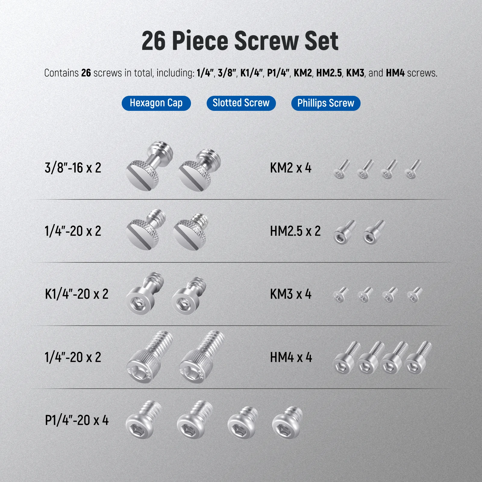 26PCS Camera Screw Set for Photography Equipment Includes 1/4" 3/8" M2 M2.5 M3 A