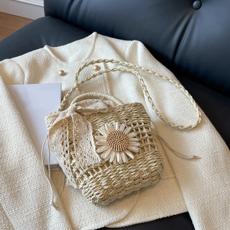 Luxury Designer Lace Bow Straw Weave Women's Handbag casual Crossbody Bag Small Bucket Tote Summer Beach Bag