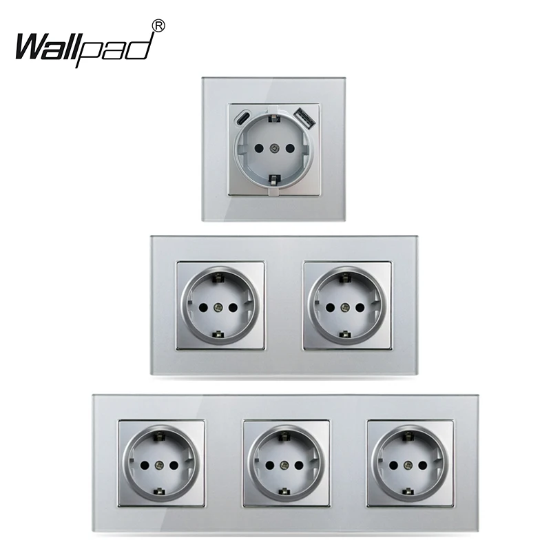 EU Socket with 2 USB Type A C Wallpad Silver Grey Crystal Glass 220V AC 16A German Russia Grey Electrical Power Wall Socket