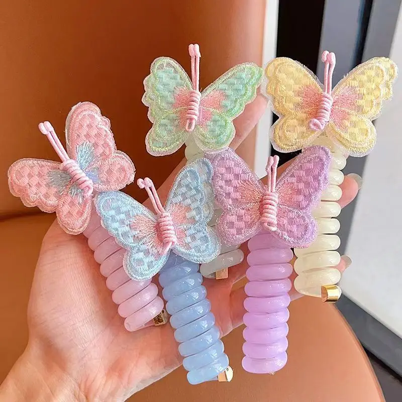 1PCS Children's Butterfly Telephone Cord Scrunchie Butterfly Head Rope Cute Leather Band Girls Hair Clip Baby Hair Rope