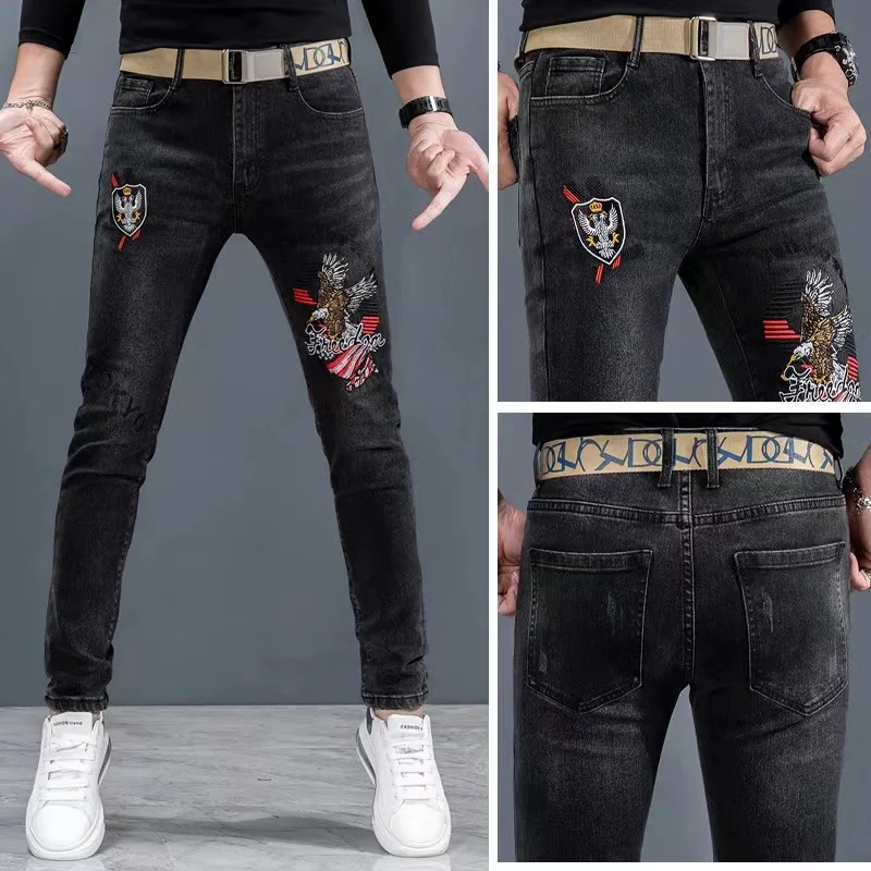 Summer Soft Jeans Men's Embroidered Micro Seal Splice High Street Retro Luxury Pants Slim Fit Scratched White Black Comfortable2