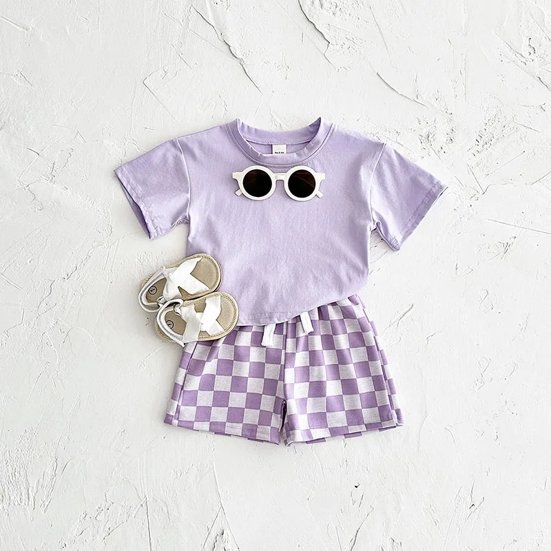 Cute Baby Boys Summer Clothes Set Tshirt Plaid Shorts