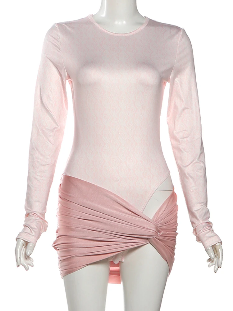 Nibber Simple 2-Piece Set Women o-Neck Pattern Long Sleeve Skinny Bodysuits+Cross Folds Mini Skirts Matching Elegant Chic Suits