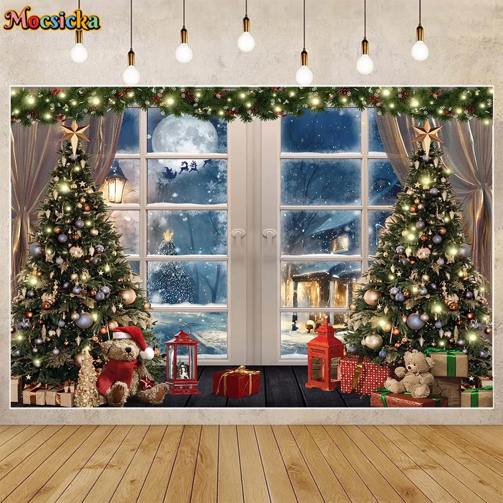 

Mocsicka Christmas Backdrop Xmas Tree Indoor Window Snow Scene Newborn Photography Props Kid Portrait Photo Background Photocall